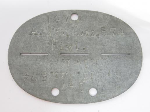 German Wehrmacht ID Tag 147 A. Pfd. Laz. 574 Hiwi, Rare. (3)
