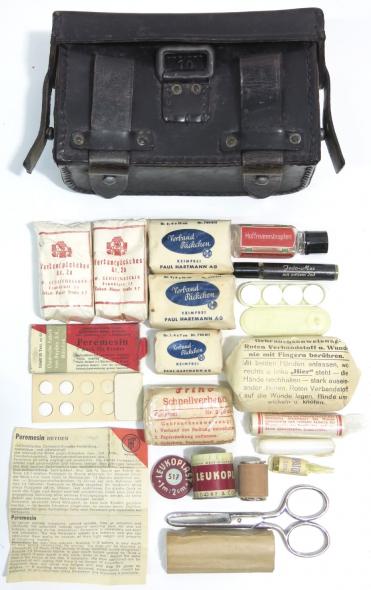 German Wehrmacht Deutsches Rotes Kreuz Medical Leather Pouch From The D. R. K. Sanitätslager Babelsberg Full With Contents.