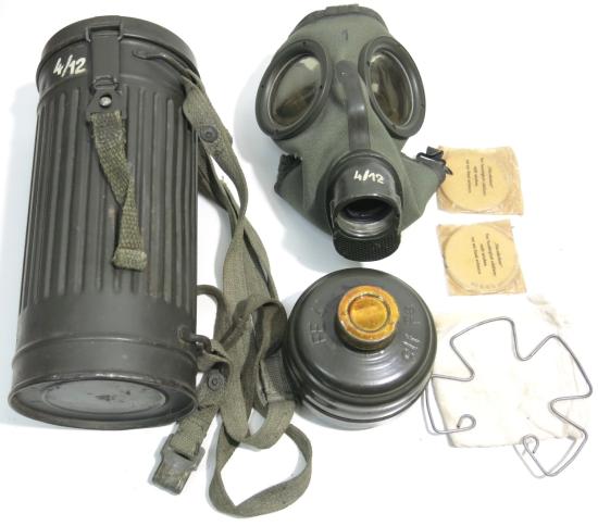 German Wehrmacht Combat Gas Mask Set Belonging To Uffz. Voges P. 48404 B, 100% Complete Condition.