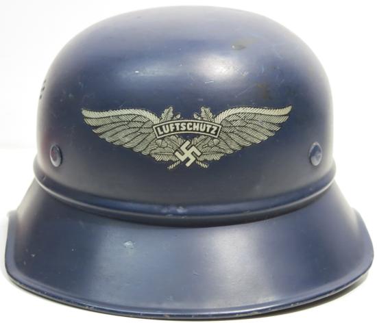 German Luftschutz M38 Gladiator Helmet In Light Blue Paint And With Ersatz Leather Chinstrap, In Nearly MINT Condition.