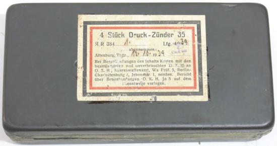 German Wehrmacht 4 Stück Druck-Zünder 35 DZ35 Fuze RR 384 1939 Metal Box, Rare, Empty.