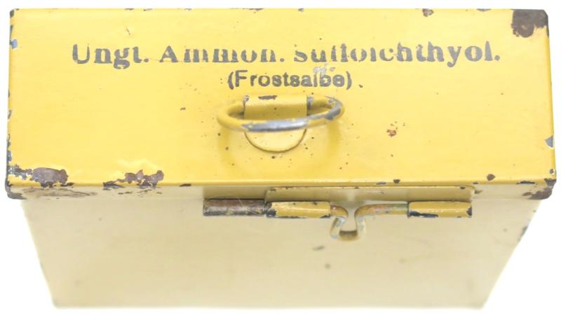 German Wehrmacht Ungt. Ammon. sulfoichthyol. (Frostsalbe) Medical Yellow Tin For Lazarette Field Hospital, Nice Box In Very Good Condition.
