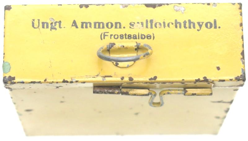 German Wehrmacht Ungt. Ammon. sulfoichthyol. (Frostsalbe) Medical Yellow Tin For Lazarette Field Hospital, Nice Box In Very Good Condition.