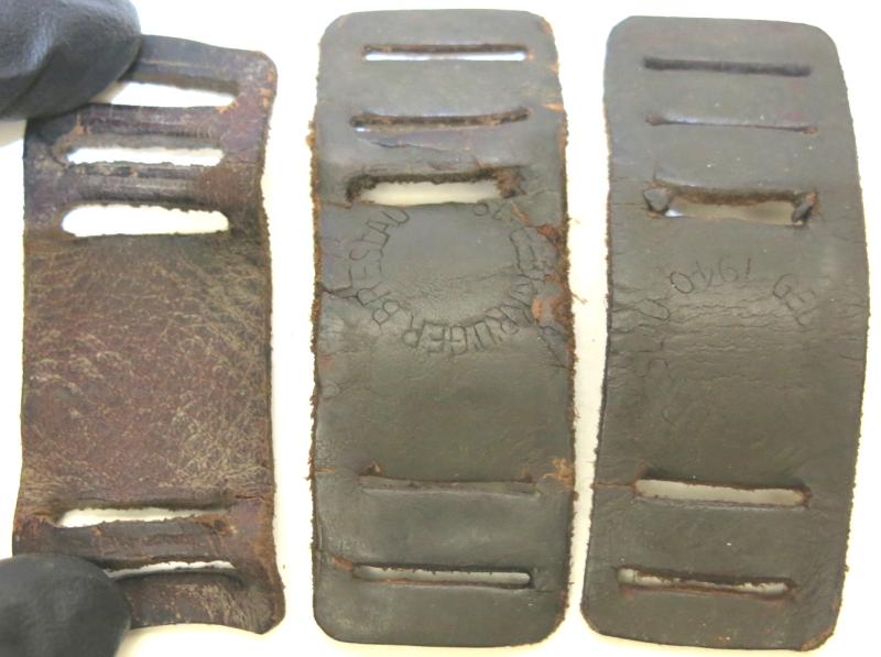 German Wehrmacht Gas Mask Can Straps Leather Reinforcement Set Of Three 1940, Used Ones.