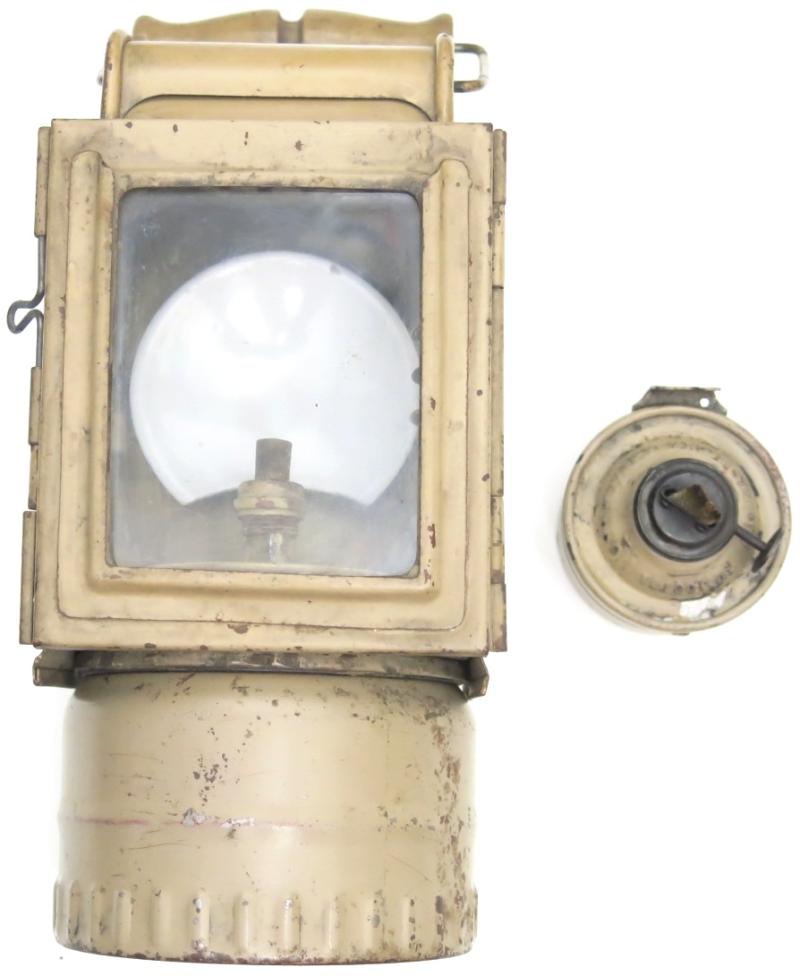 German Wehrmacht Karbid Lamp Einheitslaterne Stahl In Sand Colour With The Matching Small Petrol Lighter.