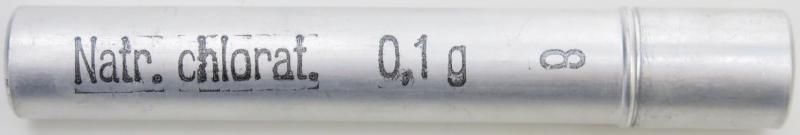 German Wehrmacht Sanitär Aluminium Tablettenröhrchen Medical Pills Tube Natr. chlorat. 1,0 g, Empty.
