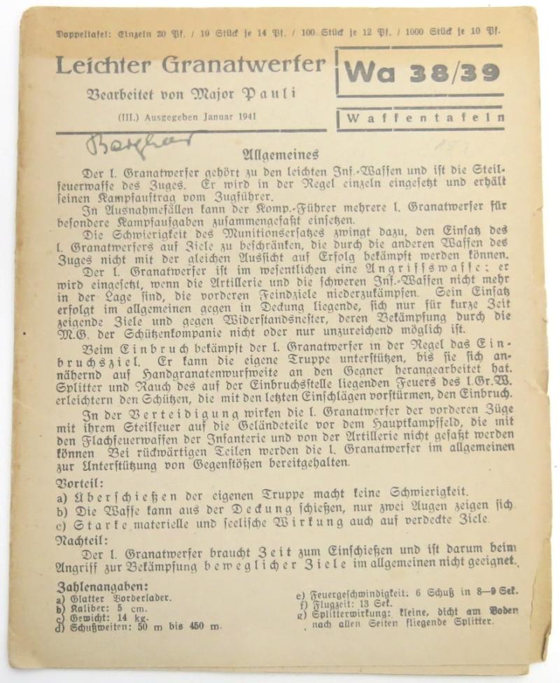 German Wehrmacht Leichter Granatwerfer, (5 cm Mortar), Waffentafel Wa 38/39 Januar 1941.