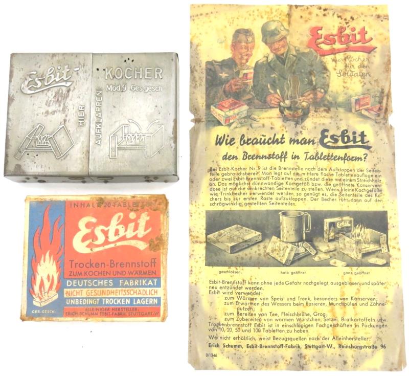 German Wehrmacht Esbit Kocher Mod. 9 Set With Stove + Fuel Tablets Full Box + Leaflet/Flyer.