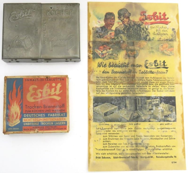 German Wehrmacht Esbit Kocher Mod. 9 Set With Stove + Fuel Tablets Full Box + Leaflet/Flyer.