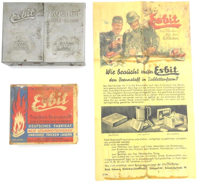 German Wehrmacht Esbit Kocher Mod. 9 Set With Stove + Fuel Tablets Full Box + Leaflet/Flyer.