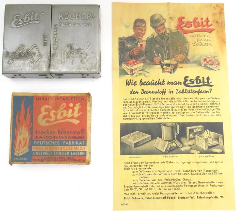 German Wehrmacht Esbit Kocher Mod. 9 Set With Stove + Fuel Tablets Full Box + Leaflet/Flyer.