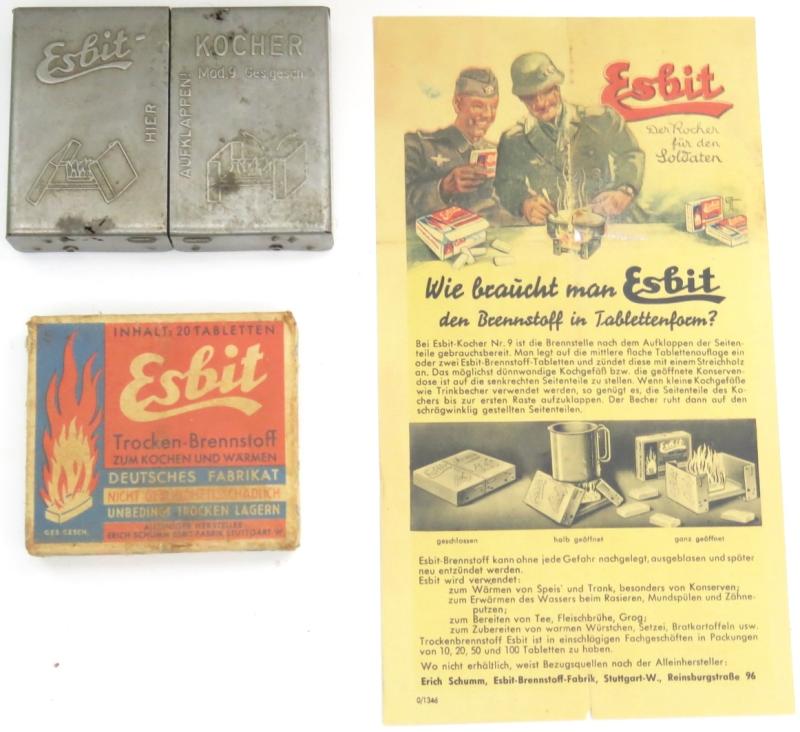 German Wehrmacht Esbit Kocher Mod. 9 Set With Stove + Fuel Tablets Full Box + Leaflet/Flyer.