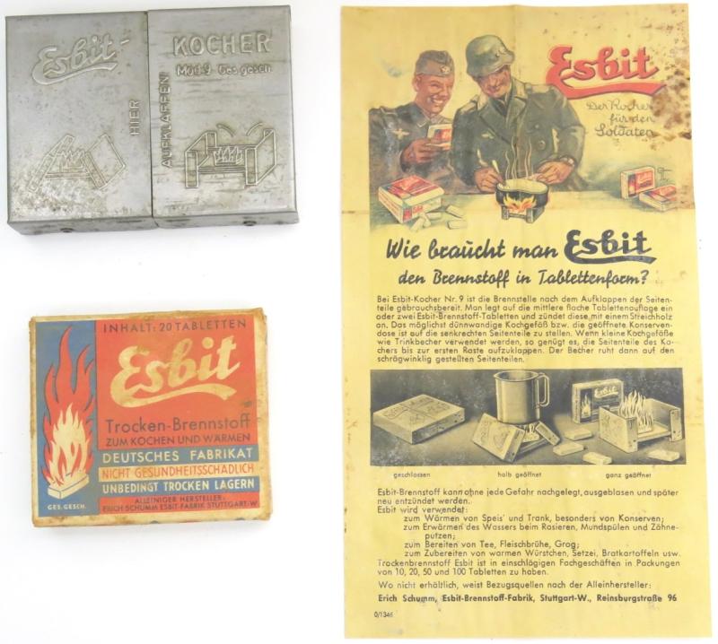German Wehrmacht Esbit Kocher Mod. 9 Set With Stove + Fuel Tablets Full Box + Leaflet/Flyer.