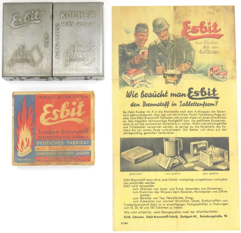 German Wehrmacht Esbit Kocher Mod. 9 Set With Stove + Fuel Tablets Full Box + Leaflet/Flyer.