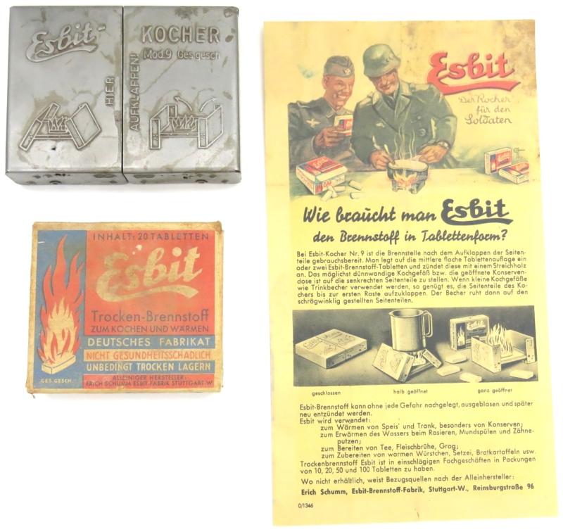 German Wehrmacht Esbit Kocher Mod. 9 Set With Stove + Fuel Tablets Full Box + Leaflet/Flyer.