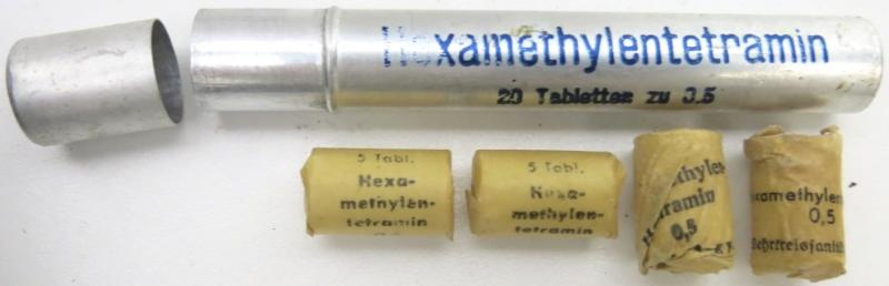 German Wehrmacht Sanitär Aluminium Tablettenröhrchen Medical Pills Tube Hexamethylentetramin 20 Tabletten 0,5 g, HAGEDA A-G BERLIN N. W. 21 1939, Full.