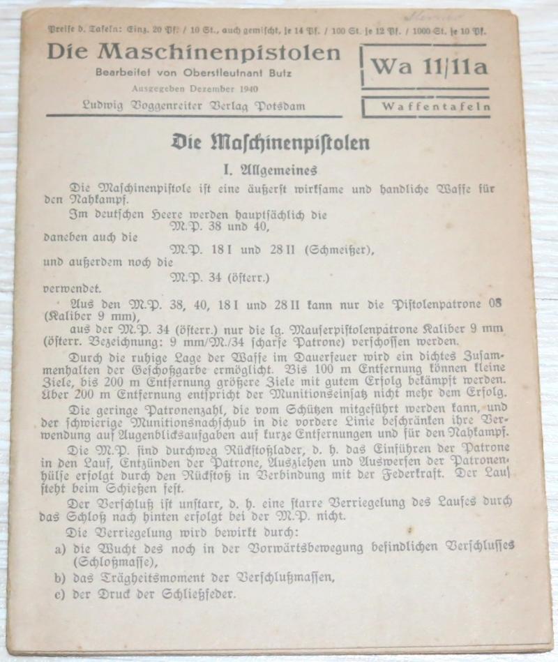 German Wehrmacht Die Maschinenpistolen Waffentafeln Wa 11/11a Dezember 1940. Die Maschinenpistolen