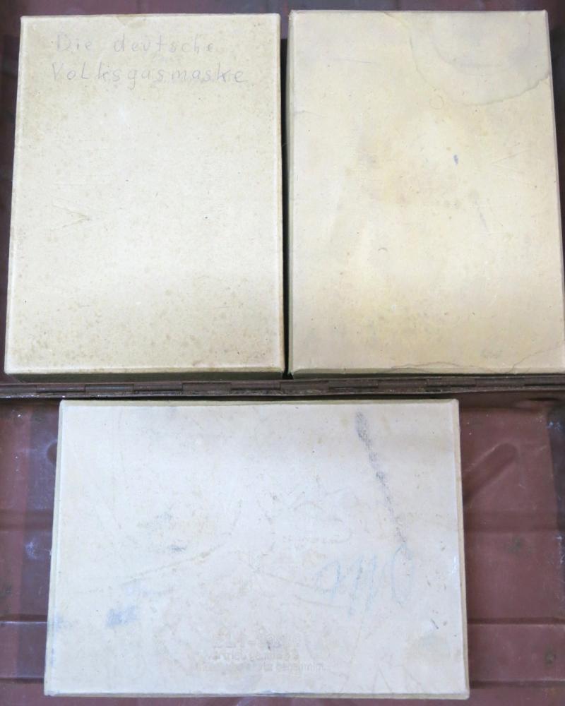 German Volksgasmaske VM40 Set Of Three M, (Mann), F, (Frau), K, (Kind), Boxed Untouched.