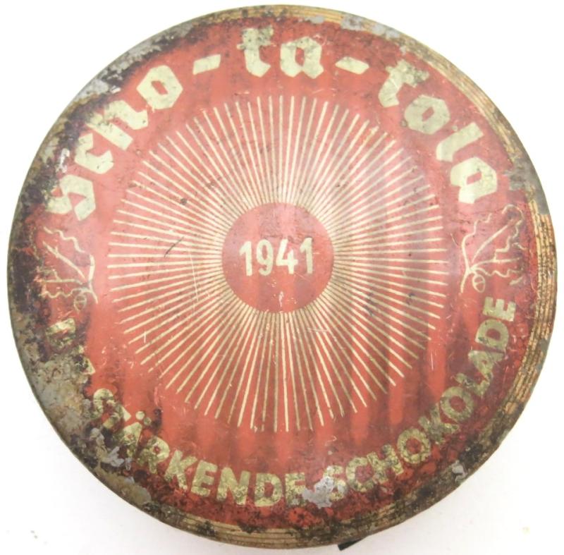 German Wehrmacht Scho-Ka-Kola Tin 1941 With One Chocolate Disc, As Found.