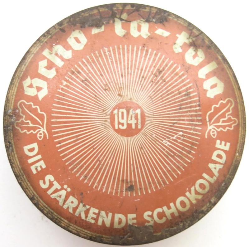 German Wehrmacht Scho-Ka-Kola Tin 1941 With One Chocolate Disc, As Found.