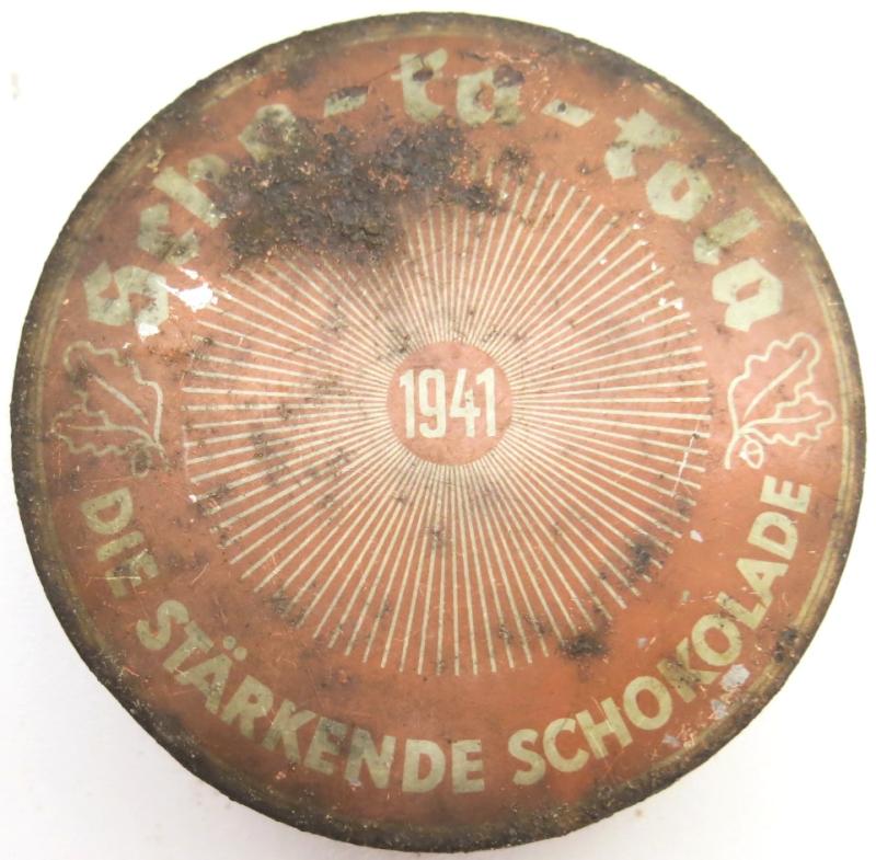 German Wehrmacht Scho-Ka-Kola Tin 1941 With One Chocolate Disc, As Found.