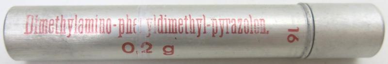 German Wehrmacht Sanitär Aluminium Tablettenröhrchen Medical Pills Tube Dimethylamino-phenyldimethyl-pyrazolon 0,2 g, Empty.