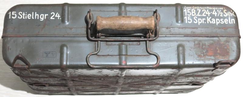 German Wehrmacht 15 Stielhandgranaten 24 Stickgrenades M24 Box/Case, 963 1939 + Second Model Rack, As Found.