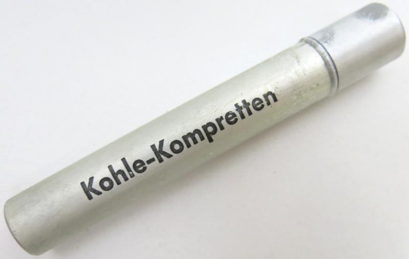 German Wehrmacht Sanitär Aluminium Tablettenröhrchen Medical Pills Tube Kohle-Kompretten, Half Empty.