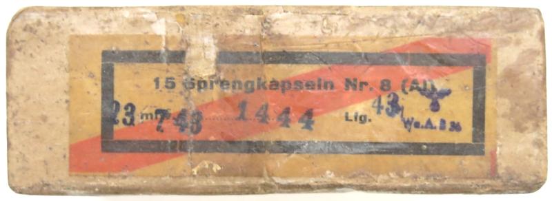 German Wehrmacht Sprengkapseln Nr. 8 Empty Box 23. 7. 1943 Dated, Inert.