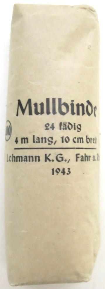 German Deutsches Rotes Kreuz D. R. K. And Luftschutz Hausapotheke Mull-Binde 4 m lang, 10 cm breit Lohmann K. G., Fahr a. Rhein 1943.
