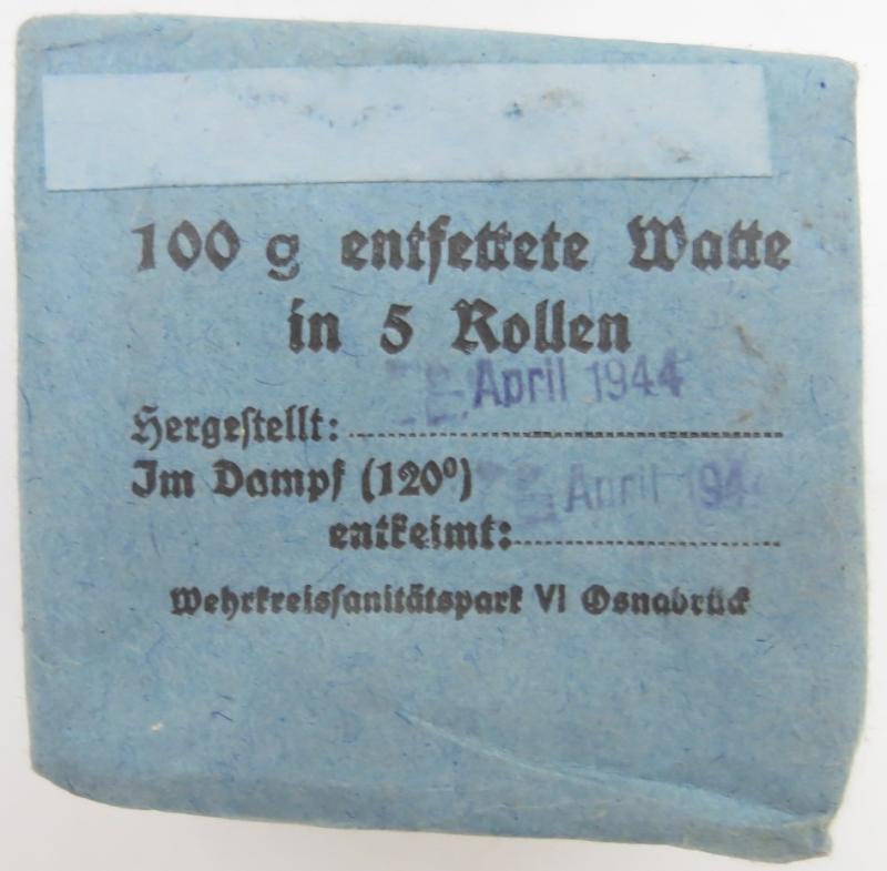 German Wehrmacht Medical 100 g entfettete Watte Wehrkreissanitätspark VI, (Münster, Osnabrück), April. 1944, Mint Unused.