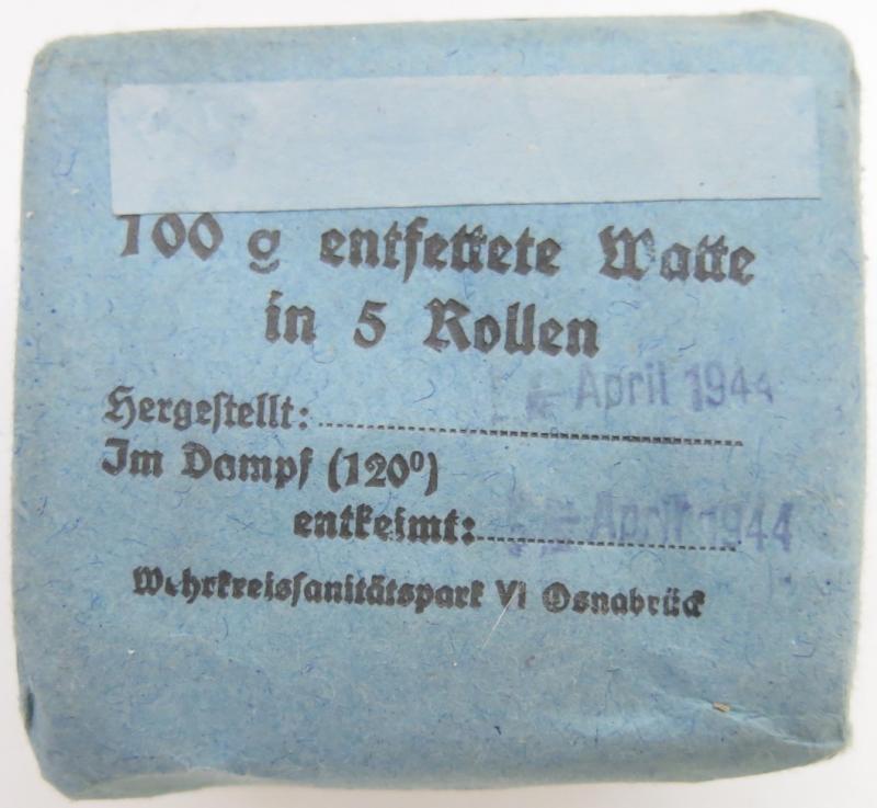 German Wehrmacht Medical 100 g entfettete Watte Wehrkreissanitätspark VI, (Münster, Osnabrück), April. 1944, Mint Unused.