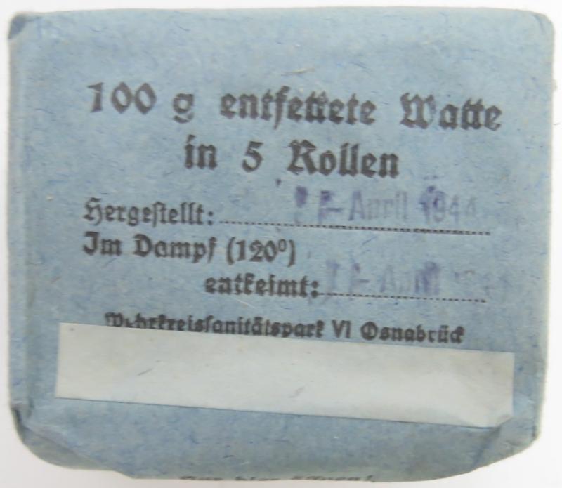 German Wehrmacht Medical 100 g entfettete Watte Wehrkreissanitätspark VI, (Münster, Osnabrück), April. 1944, Mint Unused.