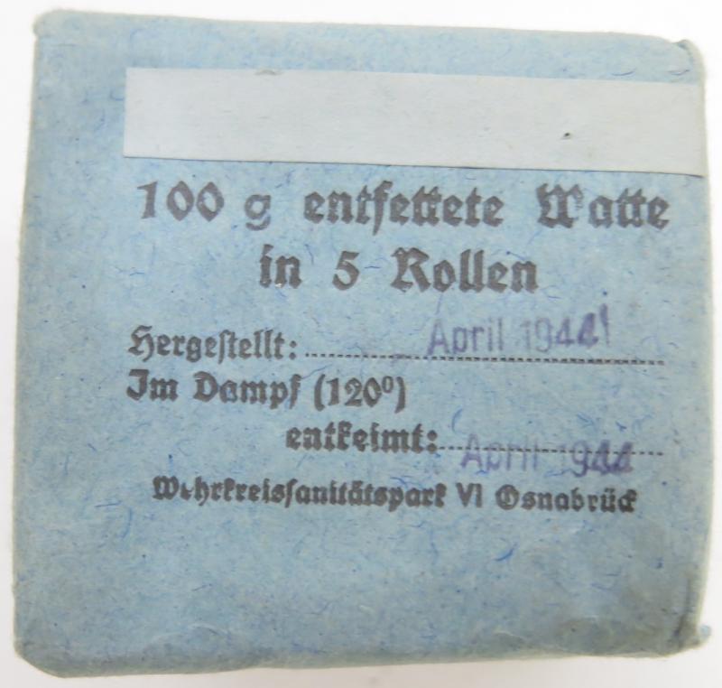 German Wehrmacht Medical 100 g entfettete Watte Wehrkreissanitätspark VI, (Münster, Osnabrück), April. 1944, Mint Unused.