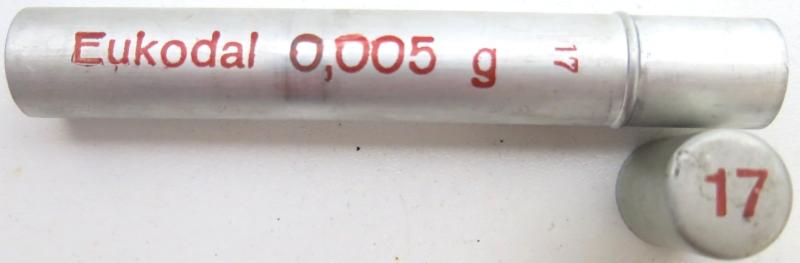 German Wehrmacht Sanitär Aluminium Tablettenröhrchen Medical Pills Tube Eukodal 0,005 g, Empty.