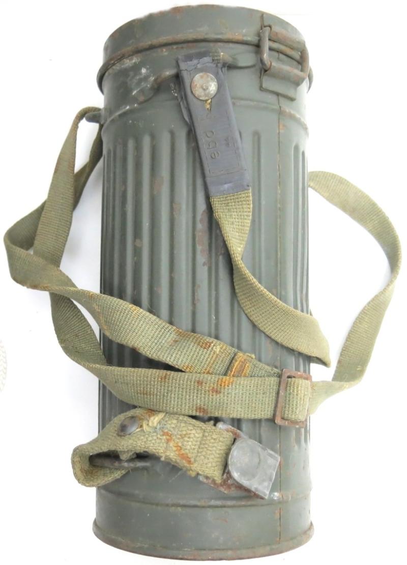 German Wehrmacht Gas Mask Can Set eph 43, Complete With Both Straps And Cloth Spider.