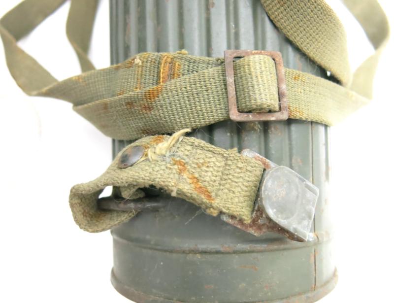 German Wehrmacht Gas Mask Can Set eph 43, Complete With Both Straps And Cloth Spider.