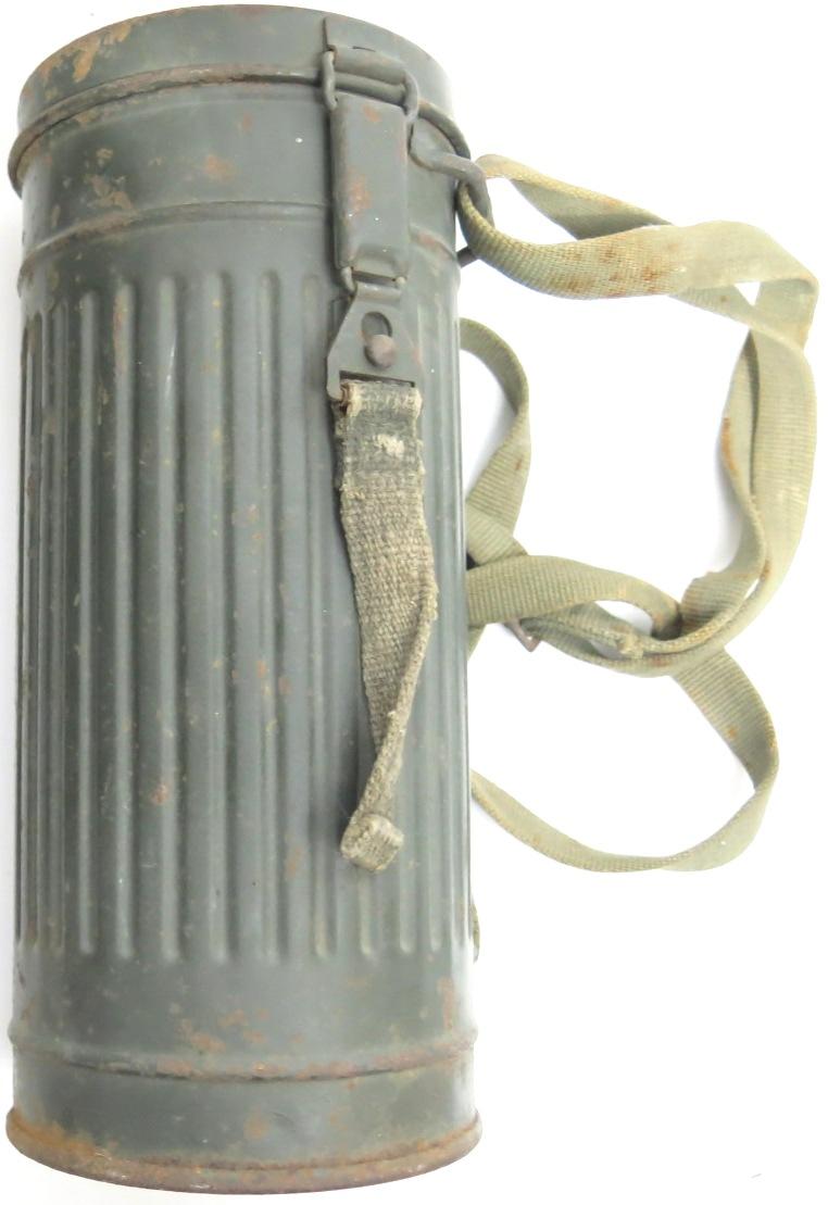 German Wehrmacht Gas Mask Can Set eph 43, Complete With Both Straps And Cloth Spider.