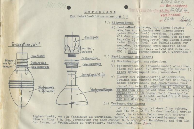 German Wehrmacht Behelfs Schützenmine W1 + Z.u.D.Z 29, (Zug und Druck Zünder 29), Inert.